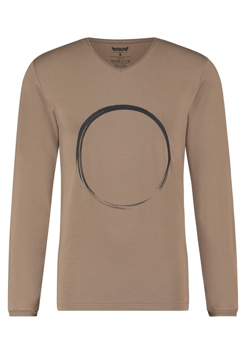Beige Langarm-T-Shirt aus Baumwolle mit einem schwarzen kreisförmigen Pinselstrich-Design auf der Vorderseite und einem V-Ausschnitt.