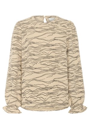 Bluză bej cu mânecă lungă, cu un model ondulat negru, decolteu tip cheie și manșete incrustate.Țesătură ușoară cu o textură fină.