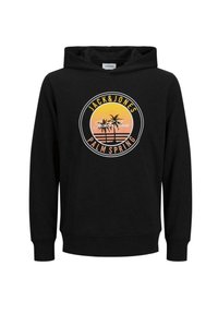 Sudadera negra con diseño gráfico redondo que incluye palmeras y el texto "JACK&JONES PALM SPRING" en amarillo y blanco. Tejido suave.