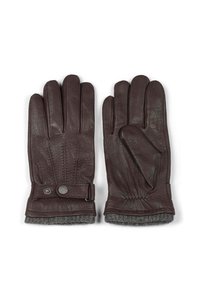 Brune skinnhansker med fire fingre og en tommel. Funksjoner inkluderer en knappelås, elastisk mansjett og grå strikket innside.