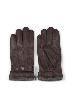Brune skinnhansker med fire fingre og en tommel. Funksjoner inkluderer en knappelås, elastisk mansjett og grå strikket innside.