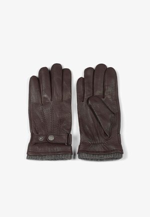 Brązowe skórzane rękawice z czterema palcami i kciukiem. Cechy obejmują zapięcie na guzik, elastyczny mankiet oraz szare dzianinowe wykończenie.