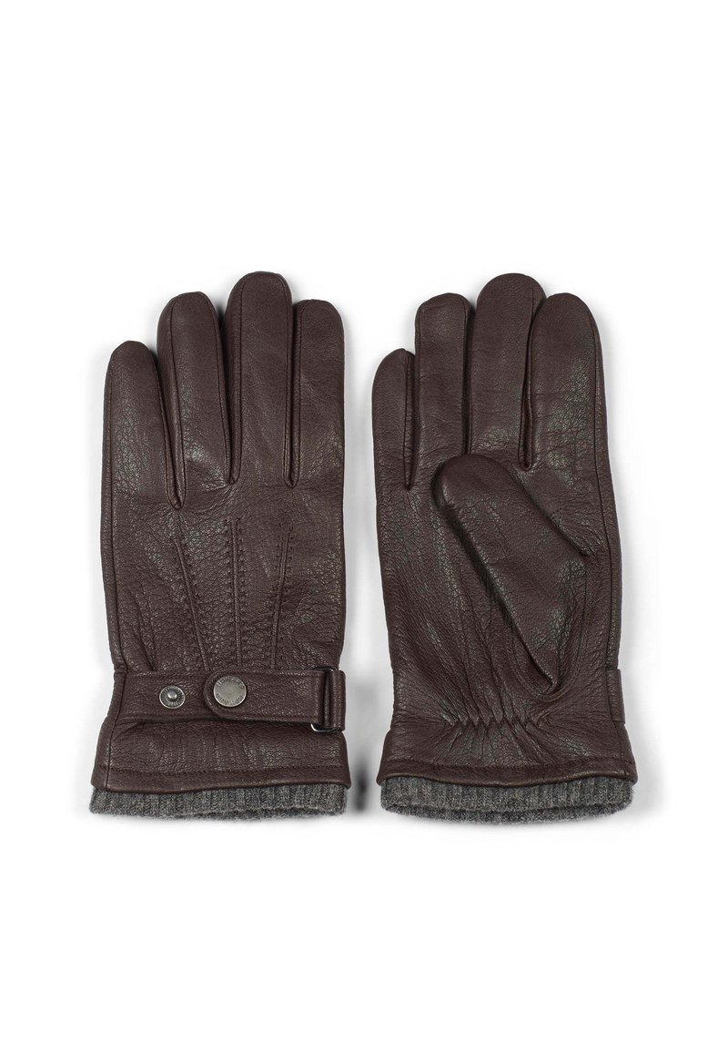 Brune skinnhansker med fire fingre og en tommel. Funksjoner inkluderer en knappelås, elastisk mansjett og grå strikket innside.