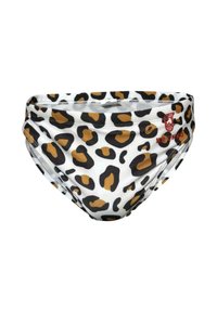 Bañador tipo slip con estampado de leopardo en blanco, con manchas negras y marrones. Incluye detalle de logo rojo en la parte frontal. Material suave y elástico.
