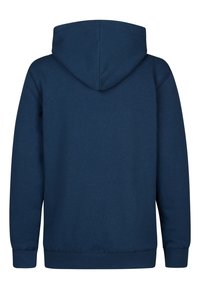 Un sweat à capuche bleu marine, en mélange de coton, avec une capuche à cordon de serrage, des poignets et un ourlet côtelés, présentant une texture lisse et des coutures minimales.