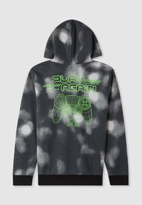 Felpa tie-dye grigia scura con grafica verde neon di un controller di gioco a wireframe e testo "PLAY AGAIN" e "PRESS START" sulla schiena.
