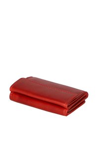Red leather wallet with a smooth texture, bi-fold design, and contrasting stitching. Features an embossed logo on the exterior.