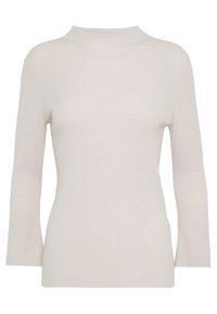 Maglione a coste di color crema con maniche lunghe e collo a girocollo alto, silhouette aderente e orlo dritto.