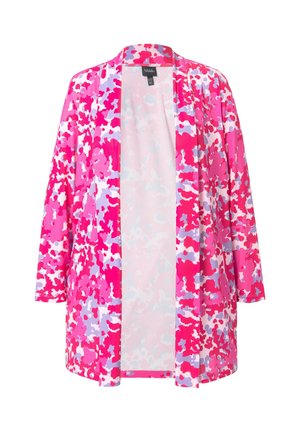 Roze en paarse kimono met bloemenpatroon, lange mouwen en een open voorkant, gemaakt van een lichtgewicht, textuurstof.