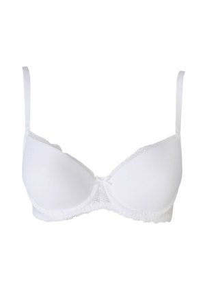 Biały stanik z koronkowym wykończeniem, z modelującymi miseczkami, regulowanymi ramiączkami i środkowym detalem w postaci kokardki; gładka tekstura i klasyczny design.