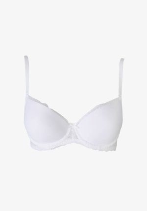 Biały stanik z koronkowym wykończeniem, z modelującymi miseczkami, regulowanymi ramiączkami i środkowym detalem w postaci kokardki; gładka tekstura i klasyczny design.