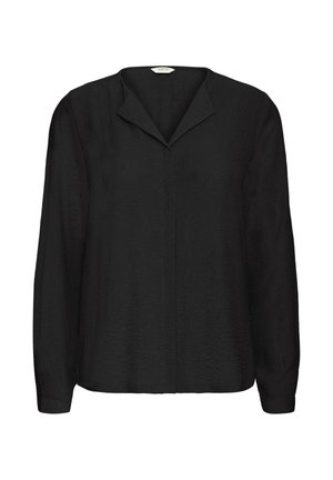 Blouse noire à manches longues en tissu doux et texturé. Présente un col en V et une coupe droite. Design simple et minimaliste sans motifs.