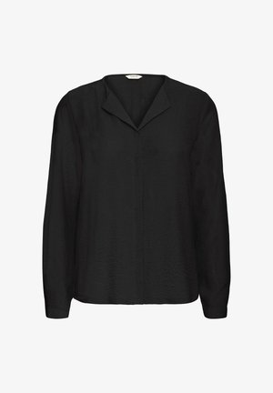 Melnas garajām piedurknēm blūze ar mīkstu, teksturētu audumu. Izceļas ar V veida apkakli un taisnu griezumu. Vienkāršs, minimālists dizains bez rakstiem.