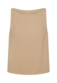 Beżowy bezrękawnik z okrągłym dekoltem i luźnym krojem. Miękka, lekka tkanina o gładkiej fakturze, bez widocznych wzorów czy ozdób.