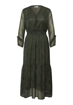 Donkergroene doorschijnende midi-jurk met V-hals, elastische taille, lange gerimpelde mouwen en subtiel bladmotief.