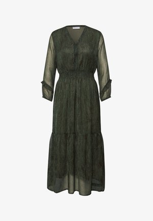 Dunkelgrünes, transparentes Midikleid mit V-Ausschnitt, elastischer Taille, langen gerafften Ärmeln und dezentem Blattmuster durchgehend.