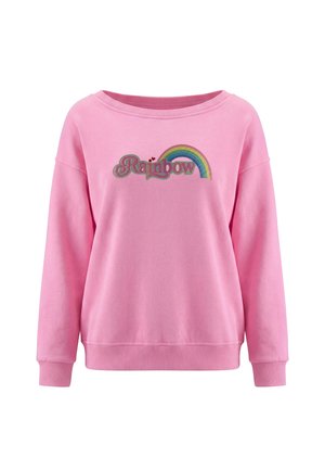 Pink langærmet sweatshirt med ribkanter ved ærmer og kant, med ordet "Rainbow" og en farverig regnbuegrafik på forsiden.