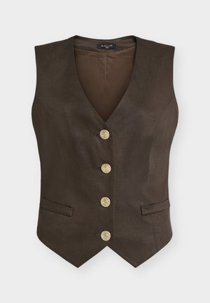 Tumepruun varrukateta vest V-kaelusega, ees neli kuldset nööpi ja kaks küljetaskut, keha järgiv lõige.