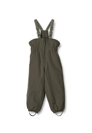 Kindgerechte olivgrüne Schneehose mit verstellbaren Schulterriemen, Frontreißverschluss, elastischen Bündchen am Knöchel und Fußriemen.