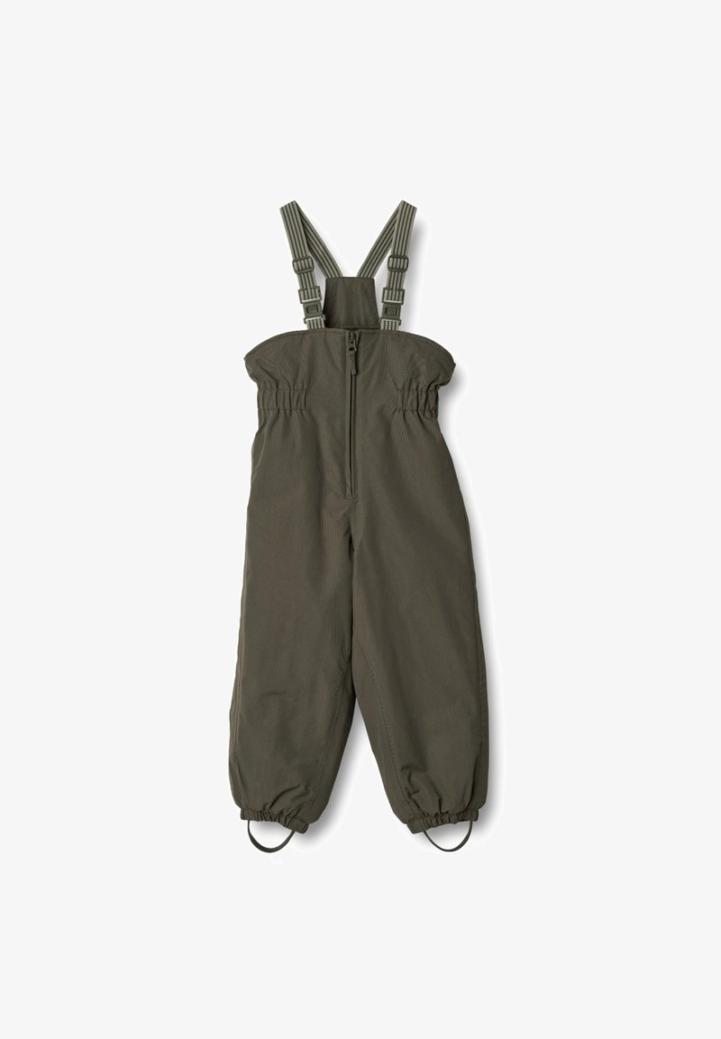 Pantalon de neige vert olive taille enfant avec bretelles ajustables, fermeture éclair frontale, poignets élastiques aux chevilles et sangles pour les pieds.