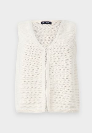Gilet blanc court avec une texture tissée, design à col en V et fermeture à boutons sur le devant. Matériau doux avec une apparence légère et aérée.