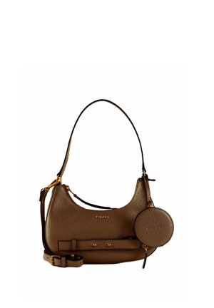 Sac à bandoulière en cuir marron texturé avec bandoulière réglable et pochette ronde pour pièces, marqué "PICARD" en lettres dorées à l'avant.