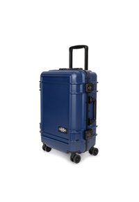 Sininen kova matkalaukku, jossa on teksturoitu pinta, teleskooppikahva, kaksi sivukahvaa, mustat metalliosat ja neljä pyörää helppoon liikkuvuuteen.