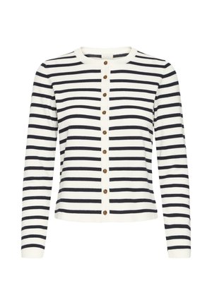 Krekls ar pogām krēmkrāsā ar tumši ziliem horizontāliem svītrām. Aprīkots ar apaļu izgriezumu un koka pogām priekšpusē. Garas piedurknes un maiga tekstūra.