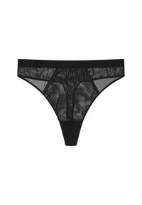 Schwarzer Spitzen-Mesh-String-Tanga mit glatten Kanten und einem weichen Bund für hohen Tragekomfort. Die Farbe ist gleichmäßig und blickdicht.