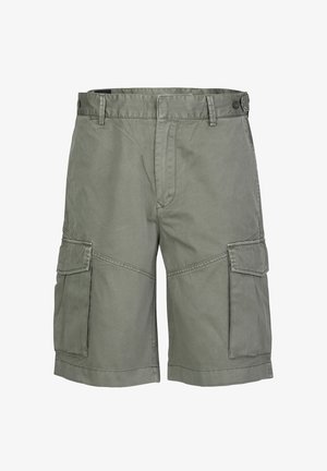 Grijze cargoshorts met zijflappzakken, riemlussen en knoopdetail op de tailleband, afgebeeld tegen een witte achtergrond.