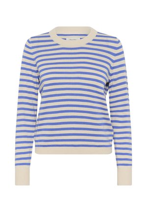 Striped sweater made of knitted fabric, featuring horizontal stripes in blue and cream, with a ribbed crew neckline and cuffs.