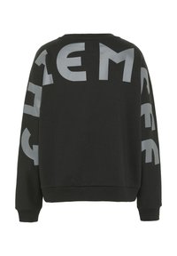 Black sweatshirt featuring large gray letters on the back and sleeves. Made from a soft material with a relaxed fit and ribbed cuffs.