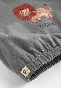 Grå sweatshirt med et løve grafik og teksten "VÆR MODIG". Har ribbede ærmer med elastisk samling og et vævet mærke i kanten.