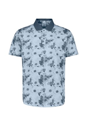 Polo pour homme bleu clair à motifs floraux avec col bleu foncé et patte de boutonnage à trois boutons, manches courtes, et motif floral complet.