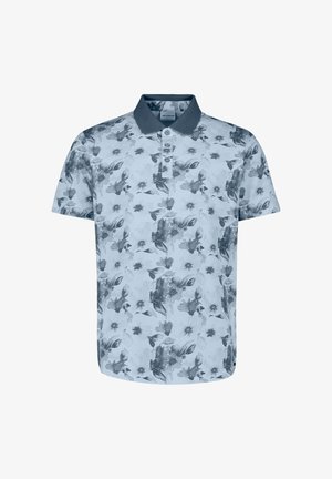 Men’s light blue floral polo shirt with dark blue collar and three-button placket, short sleeves, and all-over flower pattern.
