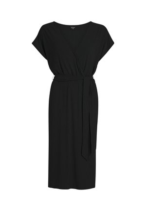 Mustat kietaisumekko lyhyillä hihoilla, ribbikuviointi, vyö vyötäröllä ja polvimittainen helma. Yksinkertainen malli ilman lisäkuvioita tai korostuksia.