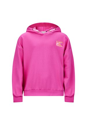Roze hoodie met een relaxte pasvorm. Heeft ribgebreide manchetten en onderrand, en een klein geborduurd 'Pretty in Pink' logo op de borst.