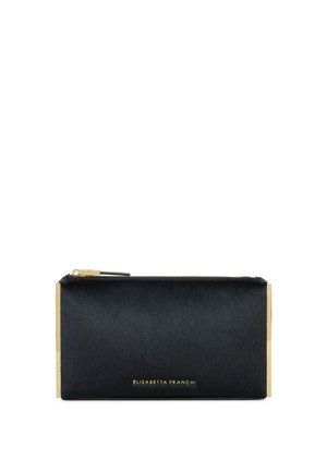 Clutch rettangolare nera con bordatura dorata e cerniera, con logo "Elisabetta Franchi" in testo dorato al centro davanti.