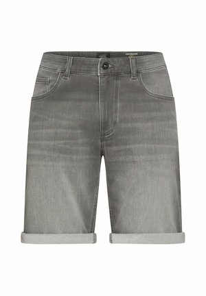 Grå denimshorts med op rullede kanter, frontknap, lynlås, bæltestropper og to frontlommer.