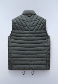 Dunkelgrüne gesteppte Weste mit hohem Kragen und Rautenmuster. Verfügt über einen verstellbaren Kordelzug in der Taille und ein Markenetikett auf der Rückseite.