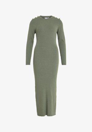 Olijfgroen geribbelde gebreide jurk met lange mouwen, een aansluitende pasvorm, ronde hals en decoratieve gouden knopen op de schouder.