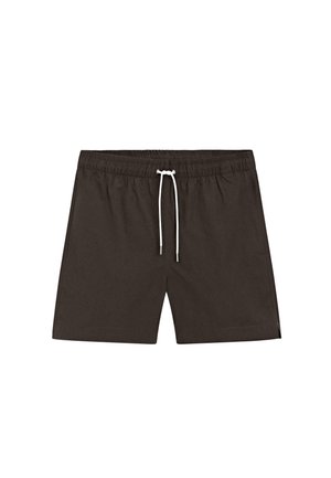 Zwarte zwemshorts voor mannen met elastische tailleband en wit trekkoord, ontworpen voor casual gebruik of op het strand.