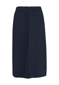 Fustă plisată de culoare bleumarin, cu un brâu elastic, fabrică texturată și o siluetă dreaptă, având panouri contrastante pe o parte.