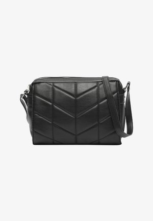 Schwarze Leder-Umhängetasche mit einem gesteppten Chevron-Muster, rechteckiger Form, Reißverschluss und einem verstellbaren Schultergurt.