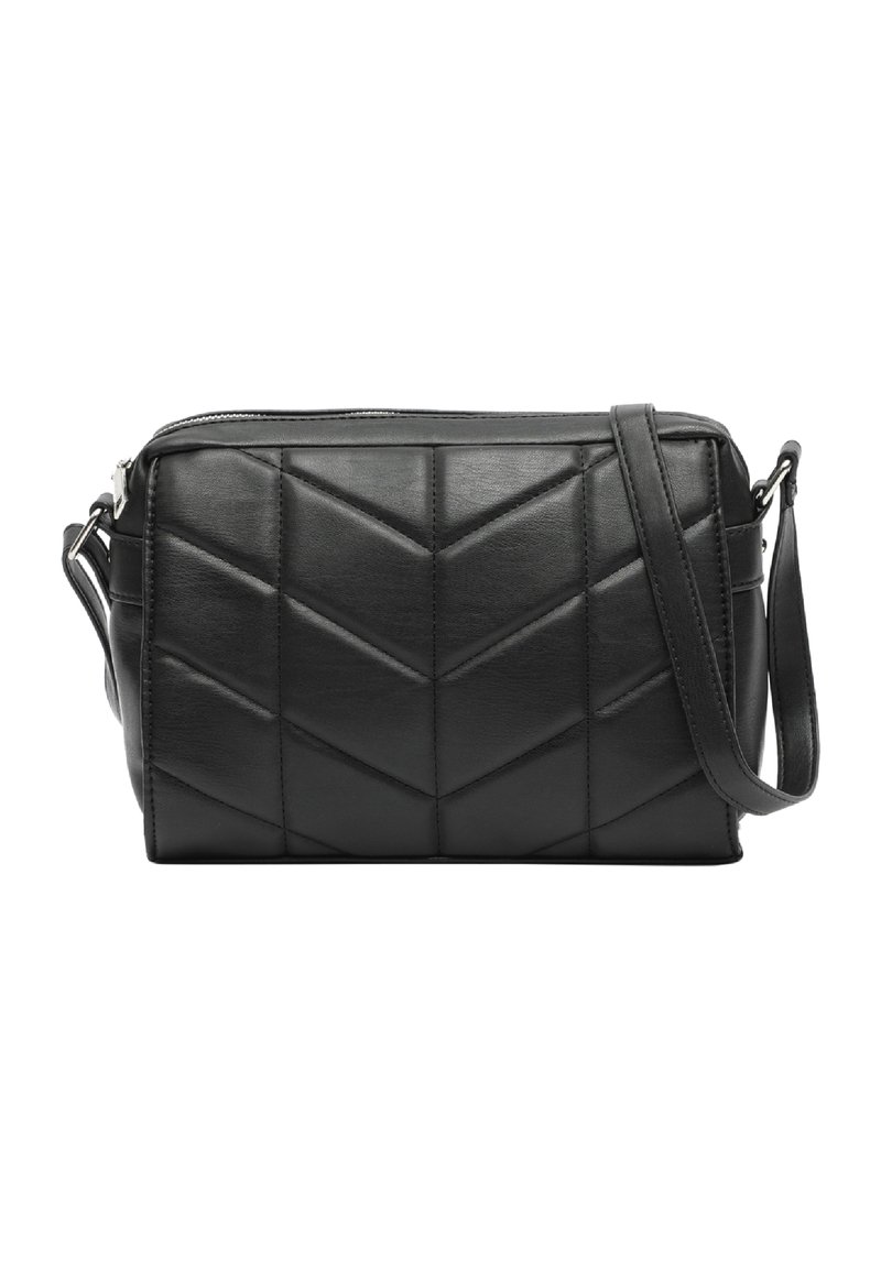 Borsa a tracolla nera in pelle con un motivo a chevron trapuntato, forma rettangolare, chiusura con zip e tracolla regolabile.
