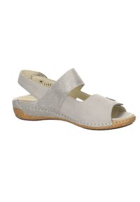 Sandale gris clair en daim doux, avec un bout ouvert et une lanière cheville. La semelle est en liège avec des détails cousus. Des accents texturés sont inclus.