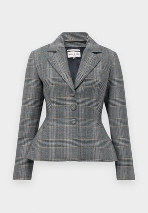Grå ternet blazer med spidse kraver, to knapper og peplum liv. Har blå, orange og hvide linjer i mønsteret.