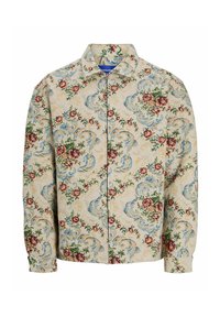 Beige overhemd met bloemenpatroon, met blauwe krullen en rode rozen, voorzien van een kraag en lange mouwen. Textuurstof overal.