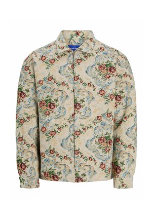 Beige overhemd met bloemenpatroon, met blauwe krullen en rode rozen, voorzien van een kraag en lange mouwen. Textuurstof overal.