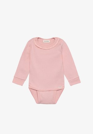 Langærmet, ribstrikket lyserød heldragt med bølget krave og trykknaplukning i bunden. Fremstillet af blødt stof for komfort.